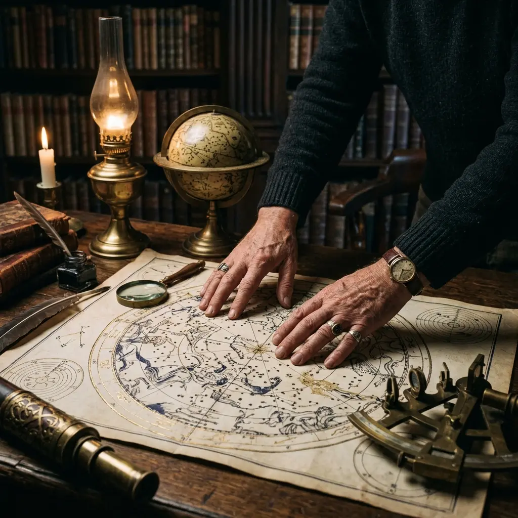 Mains de Didier au-dessus de cartes célestes anciennes