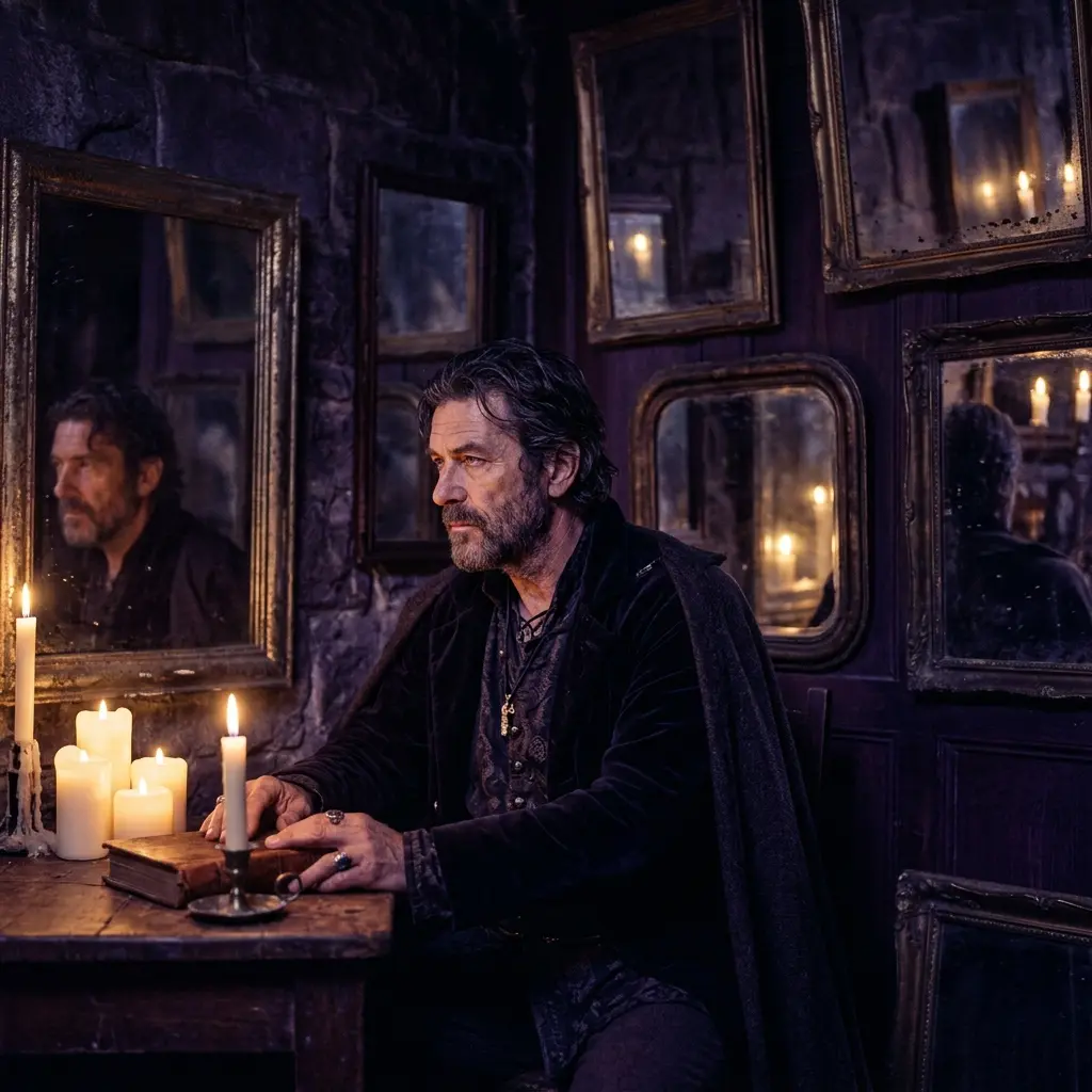 Portrait mystique de Didier Voyant dans une ambiance de bibliothèque ancienne