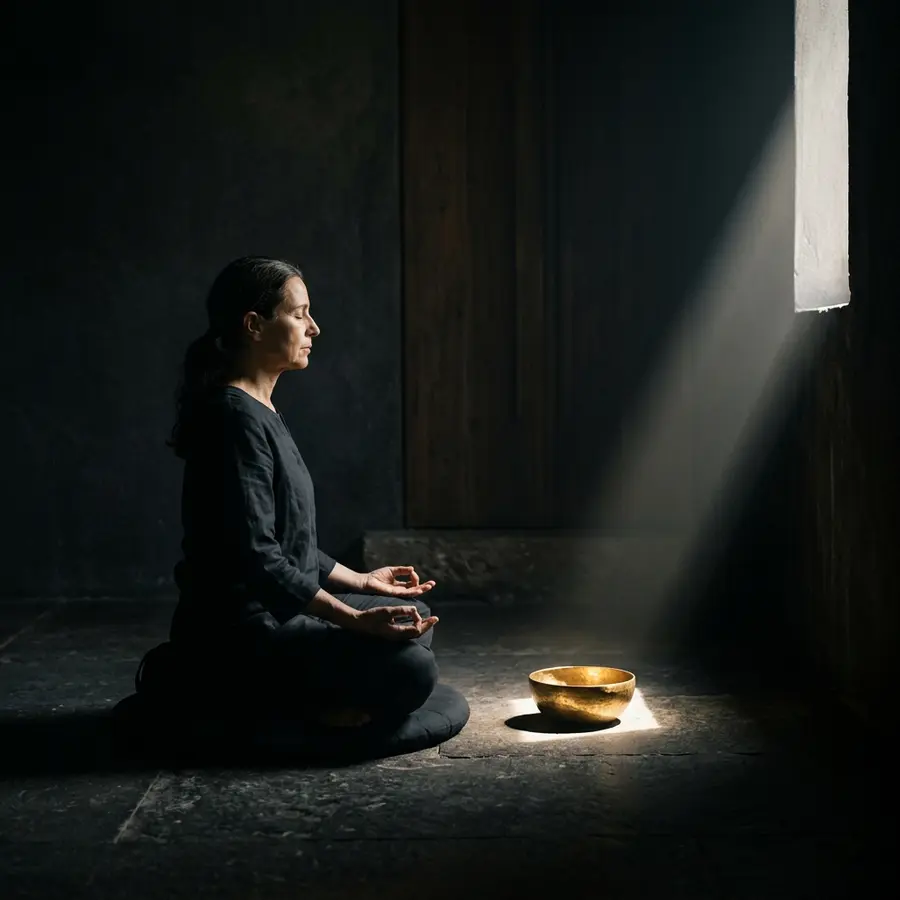 Méditation paisible devant un bol tibétain